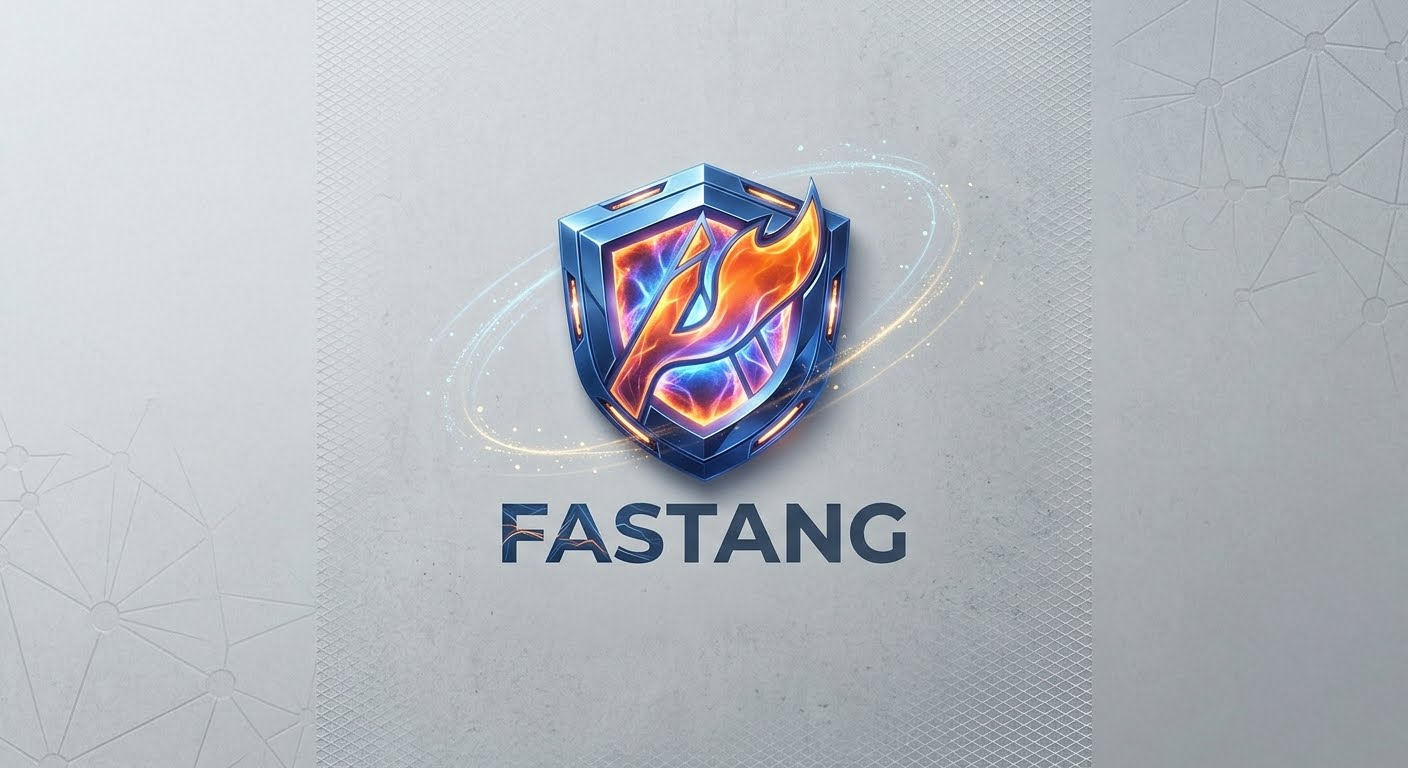 Logo originale FastAng: scudo blu e fiamma arancio con scritta FASTANG su fondo argento